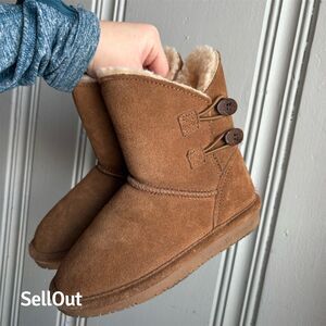 BearPaw Rosaline Size 11 Toddler Brown Mid-Calf Winter Fur Boots Button Sides